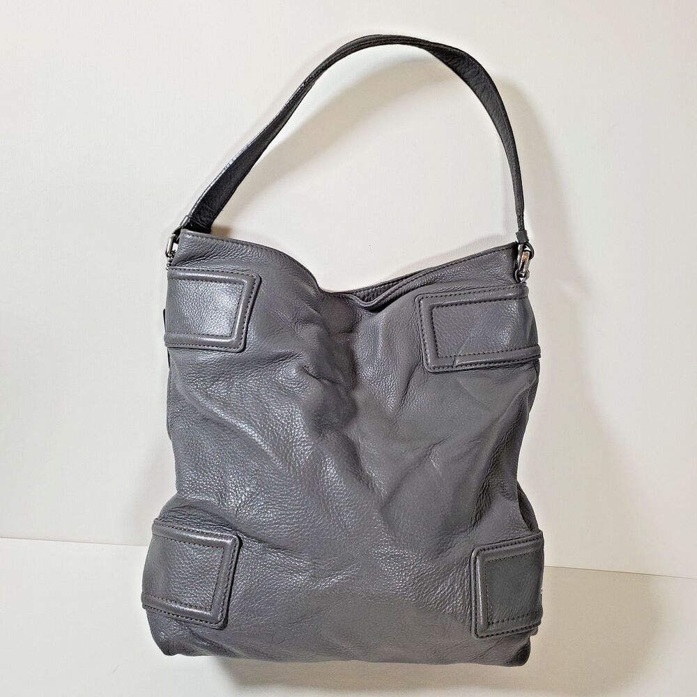 Cole Haan Women’s Shoulder Bag Gray Leather Classic Purse Silver Hardware
